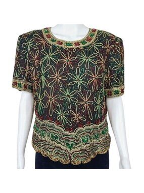Laurence Kazar Black Beaded Silk Short Sleeve Top  Petite XL
